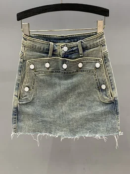 2023 Новая Ретро однотонная прямая джинсовая юбка с защитой от света, женские летние однобортные уличные юбки с необработанным краем и высокой талией