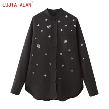 Новая женская Черная рубашка с вышивкой блестками, женская блузка с длинным рукавом, Повседневные свободные топы с одним карманом, LUJIA ALAN B2781
