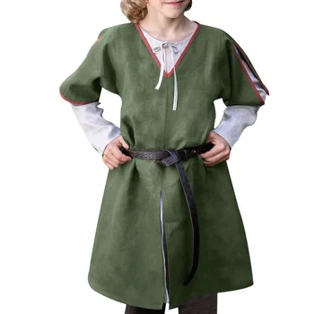 Средневековая туника, пальто с короткими рукавами и V-образным вырезом, детское пальто, хлопковая Длинная рубашка, пальто на Хэллоуин, одежда эпохи Возрождения для мальчиков 1