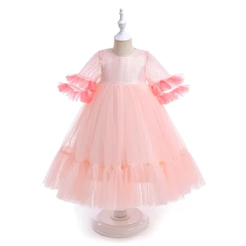 Праздничное платье для девочек 110-140 см, розовые платья, детское бальное платье для фортепиано, свадебные костюмы для детей на День рождения, косплей принцессы