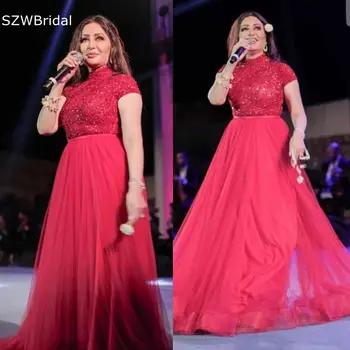 Новое поступление Красных длинных вечерних платьев с высоким воротом, расшитых тюлем и бисером, мусульманское вечернее платье из Дубая, большие размеры, Vestido de noche