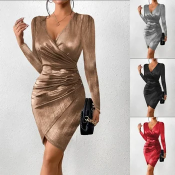 Новое Модное Женское Сексуальное Золотое Блестящее Асимметричное Облегающее платье, Весна-осень, Женское Клубное платье с длинным рукавом и разрезом сбоку, Vestidos 0