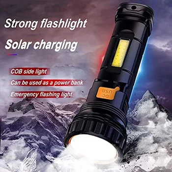 Многофункциональный светодиодный фонарик на солнечной батарее, водонепроницаемый, с аварийным стробоскопом, USB-кабель для зарядки, быстрая зарядка Прочный