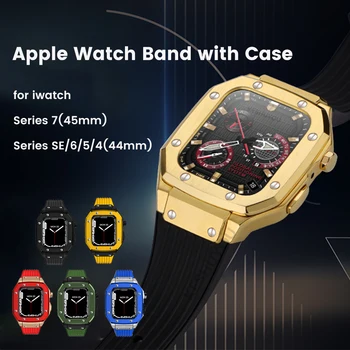 Комплект модов для Apple Watch 8 7 6 5 44 45 мм Роскошный резиновый чехол из нержавеющей стали для часов iWatch серии Alloy и аксессуаров для часов