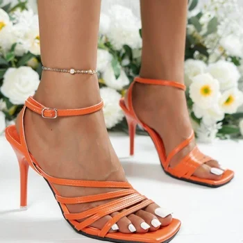 Летняя обувь, женские босоножки 2022 года, босоножки на высоком каблуке с квадратным носком, дизайнерская обувь, женские туфли-лодочки с ремешком на щиколотке, женские туфли на шпильке с открытым носком