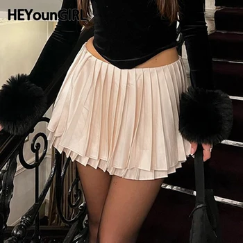 HEYounGIRL, Элегантная женская плиссированная мини-юбка, клубная одежда, минималистичная низкая талия, Сексуальные базовые короткие юбки, женская одежда для вечеринок