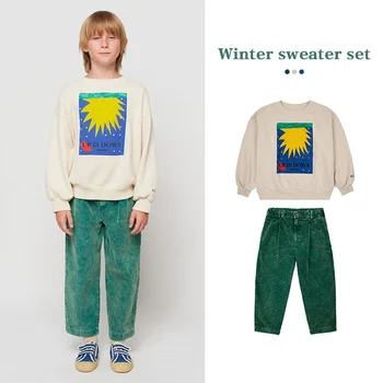 Детская толстовка с капюшоном Jenny & Dave 2023, осенне-зимний плюшевый пуловер с мультяшным принтом Солнца для мальчиков, комплект вельветовых штанов для мальчиков