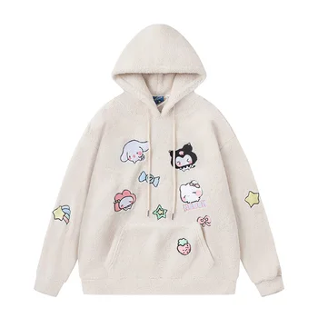 Аниме мультфильм Sanrio Hello Kitty Kuromi My Melody Женский плюшевый свитер с вышивкой Sweet Cool Свободный повседневный Топ Подарок паре 3