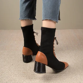 Осенне-зимние женские ботильоны из натуральной кожи PU + замша, современные ботинки с квадратным носком, короткие ботинки с эластичными рукавами в стиле Пэчворк2023