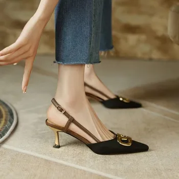 Летние Новые Модные Корейские Босоножки на высоком каблуке с металлической пряжкой, тонкие туфли на тонком каблуке с острым носком, выпущенные женщинами для внешней торговли