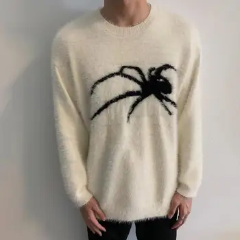 Вязаный пуловер с рисунком паука, мужской зимний свитер из искусственной норки с рисунком паука, вязаный пуловер в стиле хип-хоп для уличной одежды