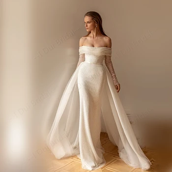Роскошное свадебное платье-футляр с открытыми плечами, расшитое бисером, со съемным шлейфом, с длинным рукавом, высококачественное, изготовленное на заказ на фабрике
