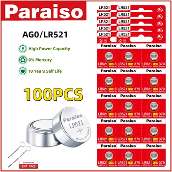 Paraiso 4-100шт Батарейки LR521 SR521SW AG0 10 Лет Срока Годности 0% Ртутно-Щелочная Кнопочная Батарея для электронных устройств