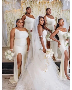 Длинные Белые платья подружек невесты большого размера на одно плечо 2022 года с разрезом для африканских чернокожих девушек, вечернее платье для свадьбы