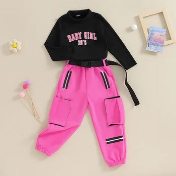Комплект Спортивных костюмов для бега трусцой для маленьких девочек из 2 предметов, пуловер с длинными рукавами и буквами, эластичные карманы, розовые брюки-карго, комплект от 4 до 7 лет