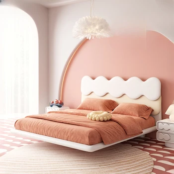 Кровать из натуральной кожи, современная и простая, тонкая кровать, верхний слой, симпатичный маленький детский блок, плавающая кровать кремового цвета, массив дерева