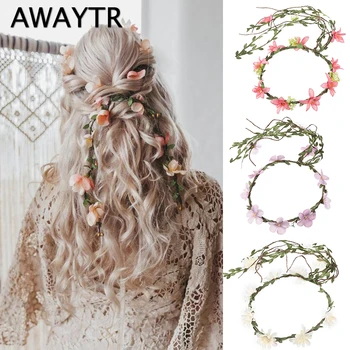 AWAYTR, Повязка на голову из ротанга с цветочными лозами, повязка на голову для невесты, Свадебные Аксессуары для волос, Цветочный Венок для девочек, Регулируемая Повязка на голову