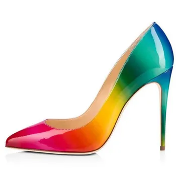 Модные женские туфли DIZHUANG на высоком каблуке. Высота каблука около 10,5 см. Синтетическая кожа радужного цвета. Туфли с заостренным носком.34-45