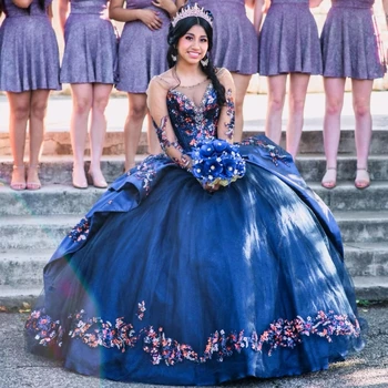 Темно-Синие Блестящие Пышные Платья С Длинными Рукавами Vestidos De 15 Anos С Аппликацией 3DFlowers Кружевное Вечернее Платье Принцессы На День Рождения