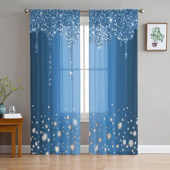 Голубая блестящая вуаль с ромбовидной текстурой, прозрачные шторы для гостиной, Тюлевая занавеска, шторы для кухни и спальни, Домашний декор 0
