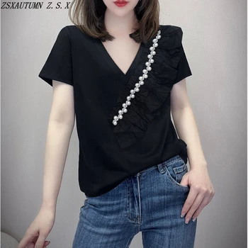 Корейская женская одежда, черная рубашка с V-образным вырезом, модные мешковатые винтажные простые повседневные топы, изысканные элегантные блузки для женщин, дикие однотонные